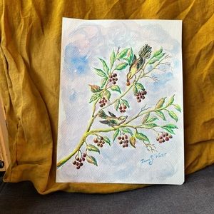 Pair of hand painted bird and tree watercolor paintings